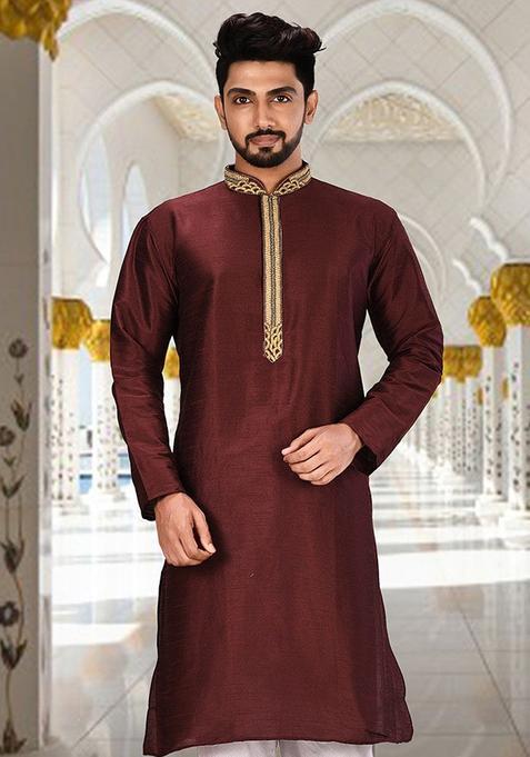Maroon Hand Work Silk Kurta For Men