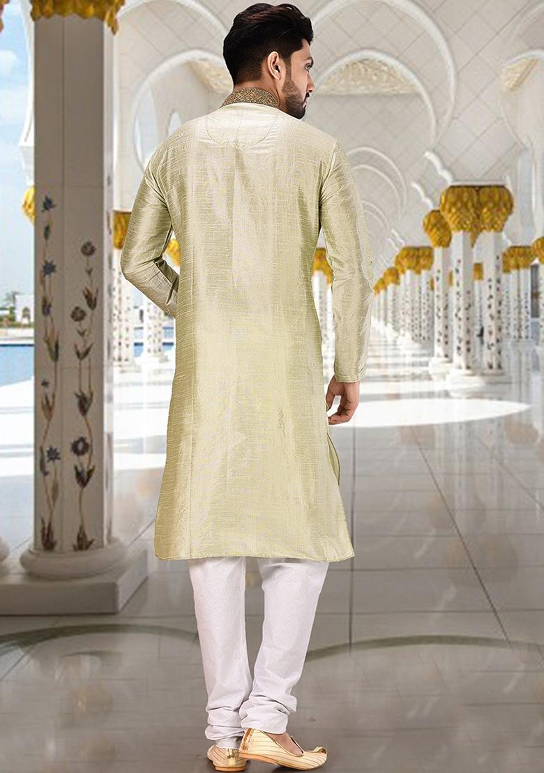 Sea Green Hand Work Silk Kurta Set For Men - Indya
