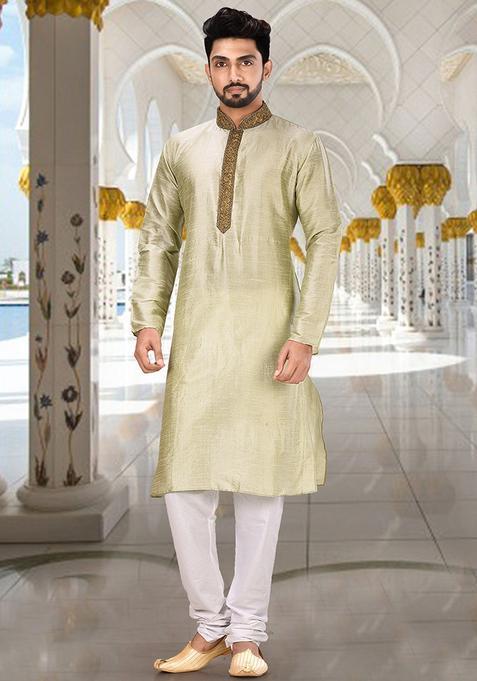 Sea Green Hand Work Silk Kurta Set For Men