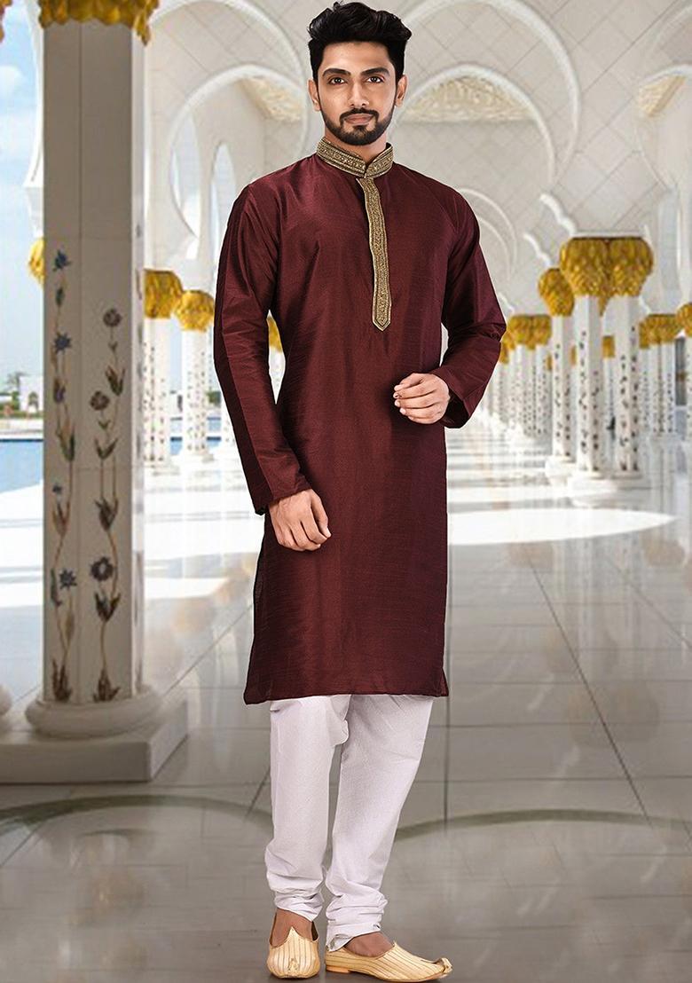 Maroon Hand Work Silk Kurta For Men - Indya