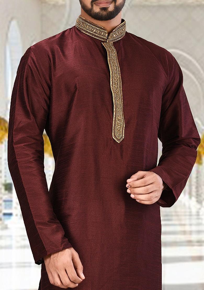 Maroon Hand Work Silk Kurta For Men - Indya