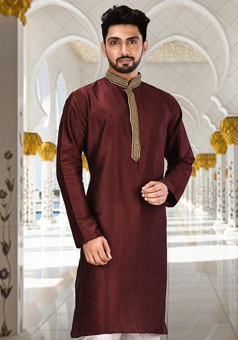 Maroon Hand Work Silk Kurta For Men