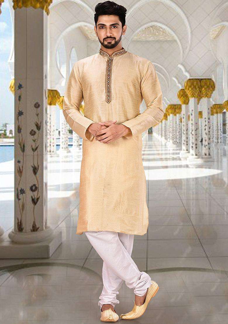 Fawn Hand Work Silk Kurta Set For Men - Indya
