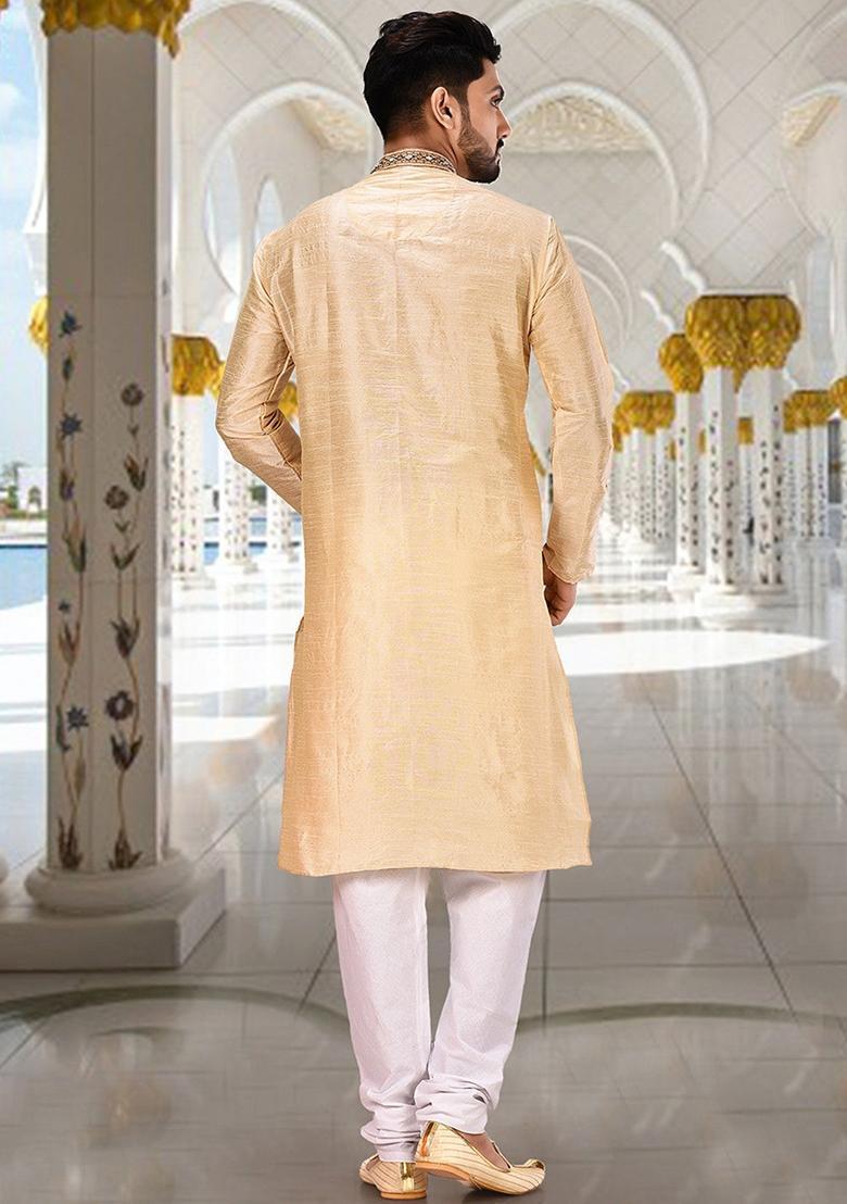 Fawn Hand Work Silk Kurta Set For Men - Indya