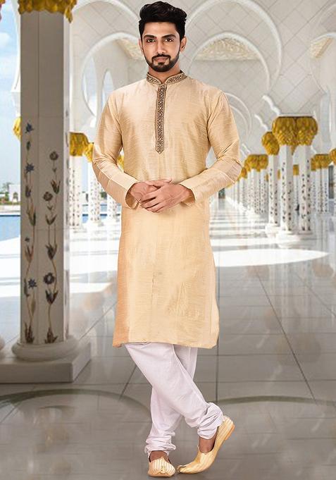 Fawn Hand Work Silk Kurta Set For Men
