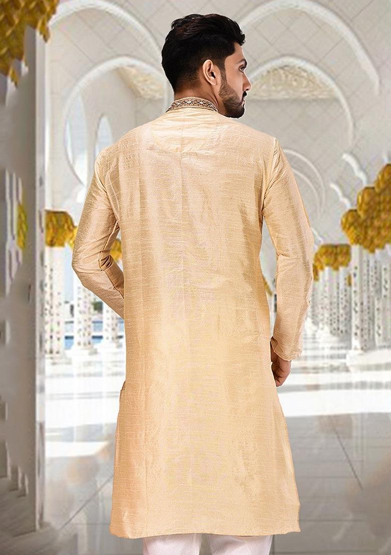 Fawn Hand Work Silk Kurta For Men - Indya