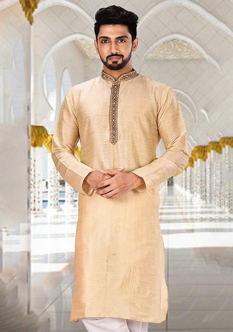 Fawn Hand Work Silk Kurta For Men