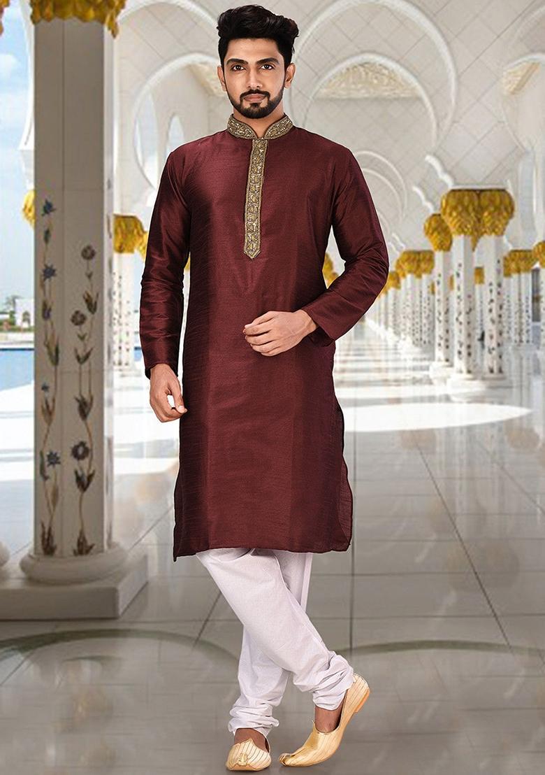 Maroon Hand Work Silk Kurta For Men - Indya