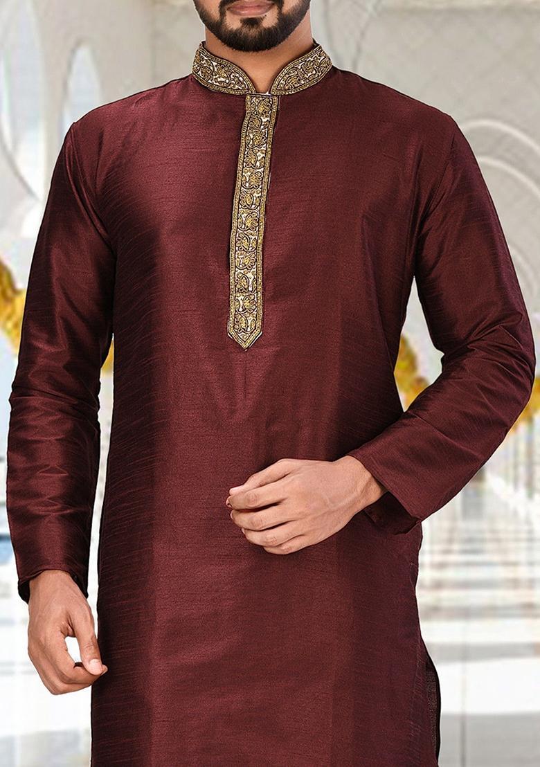 Maroon Hand Work Silk Kurta For Men - Indya