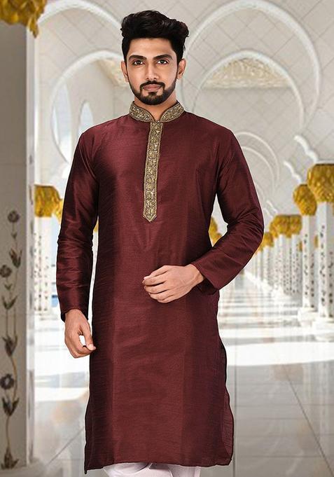 Maroon Hand Work Silk Kurta For Men