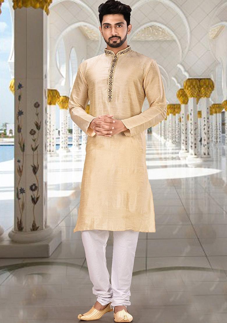 Fawn Hand Work Silk Kurta For Men - Indya