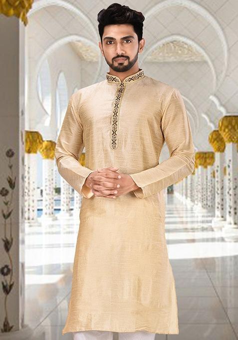 Fawn Hand Work Silk Kurta For Men