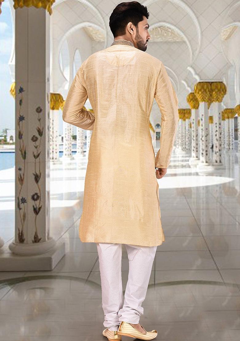 Fawn Hand Work Silk Kurta Set For Men - Indya