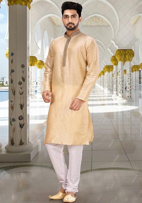 Fawn Hand Work Silk Kurta Set For Men