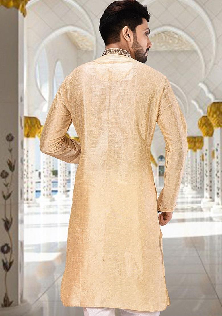 Fawn Hand Work Silk Kurta For Men - Indya