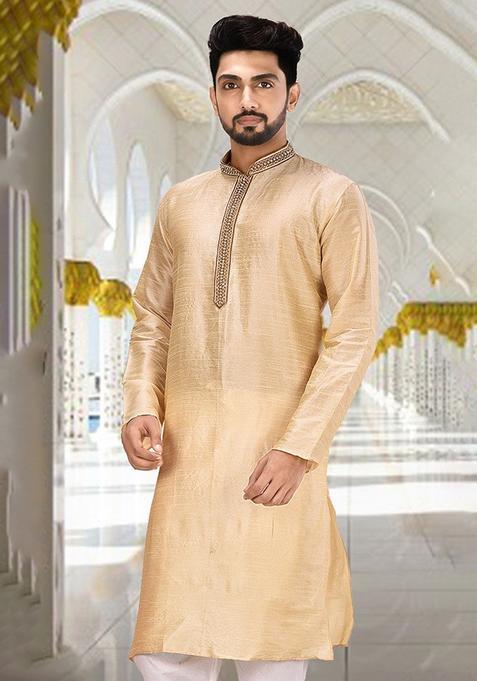 Fawn Hand Work Silk Kurta For Men