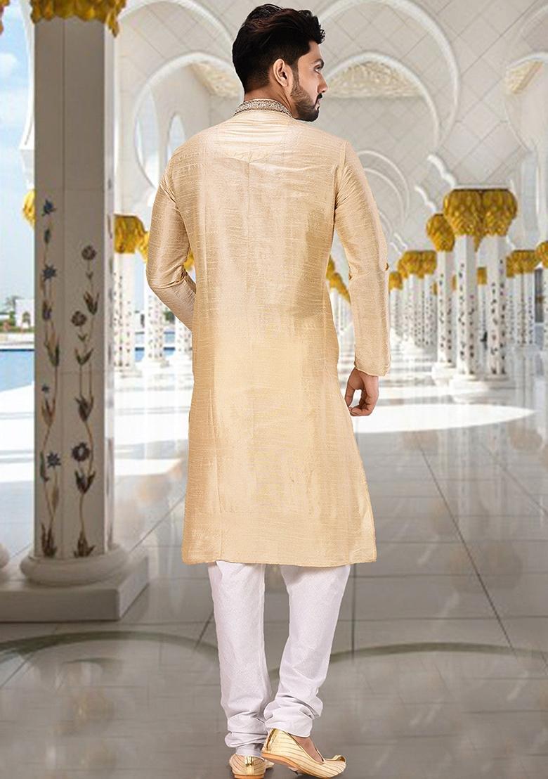 Fawn Hand Work Silk Kurta Set For Men - Indya