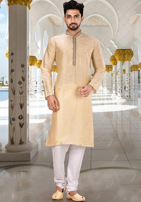 Fawn Hand Work Silk Kurta Set For Men