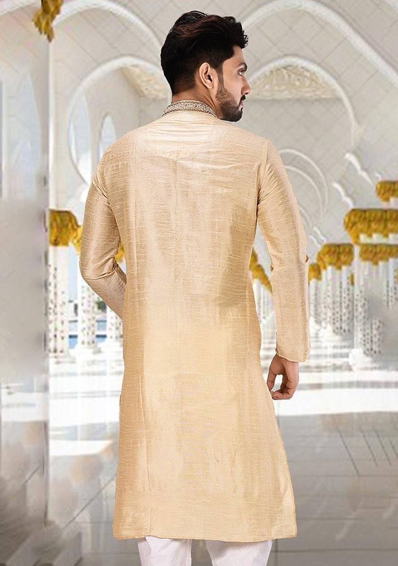 Fawn Hand Work Silk Kurta For Men - Indya