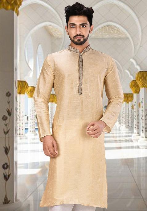 Fawn Hand Work Silk Kurta For Men