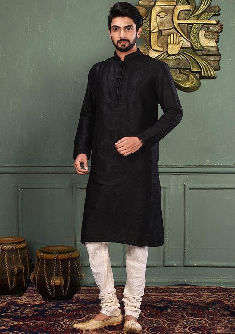 Black Embroidered Silk Kurta For Men - Indya