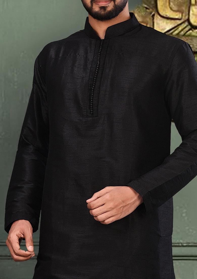 Black Embroidered Silk Kurta For Men - Indya