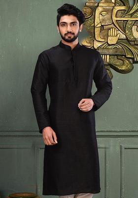 Black Embroidered Silk Kurta For Men