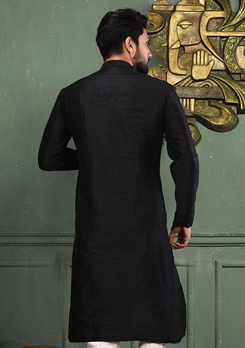 Black Embroidered Silk Kurta For Men - Indya