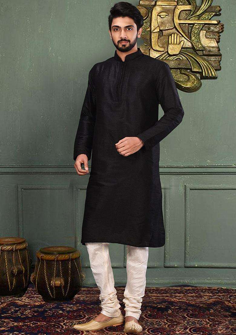 Black Embroidered Silk Kurta For Men - Indya