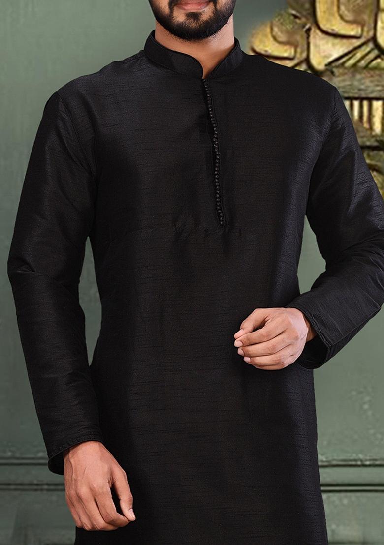 Black Embroidered Silk Kurta For Men - Indya