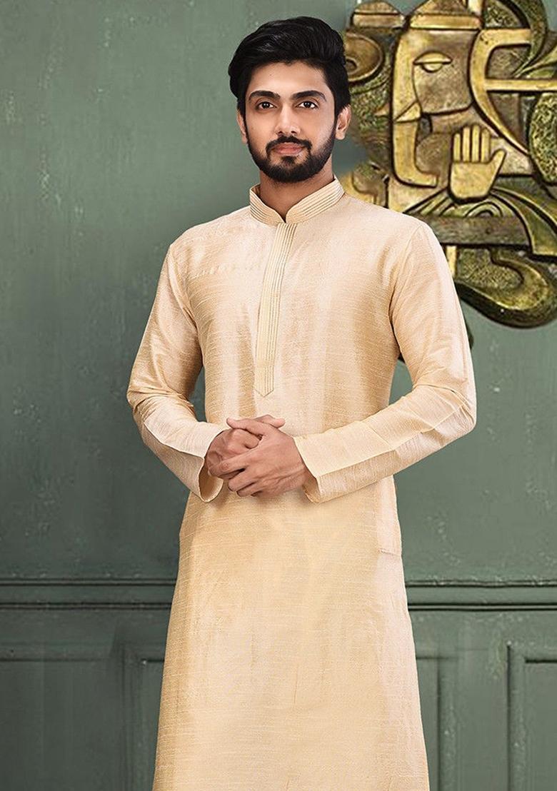 Fawn Embroidered Silk Kurta For Men - Indya