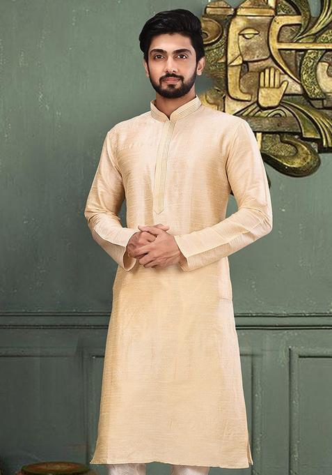 Fawn Embroidered Silk Kurta For Men