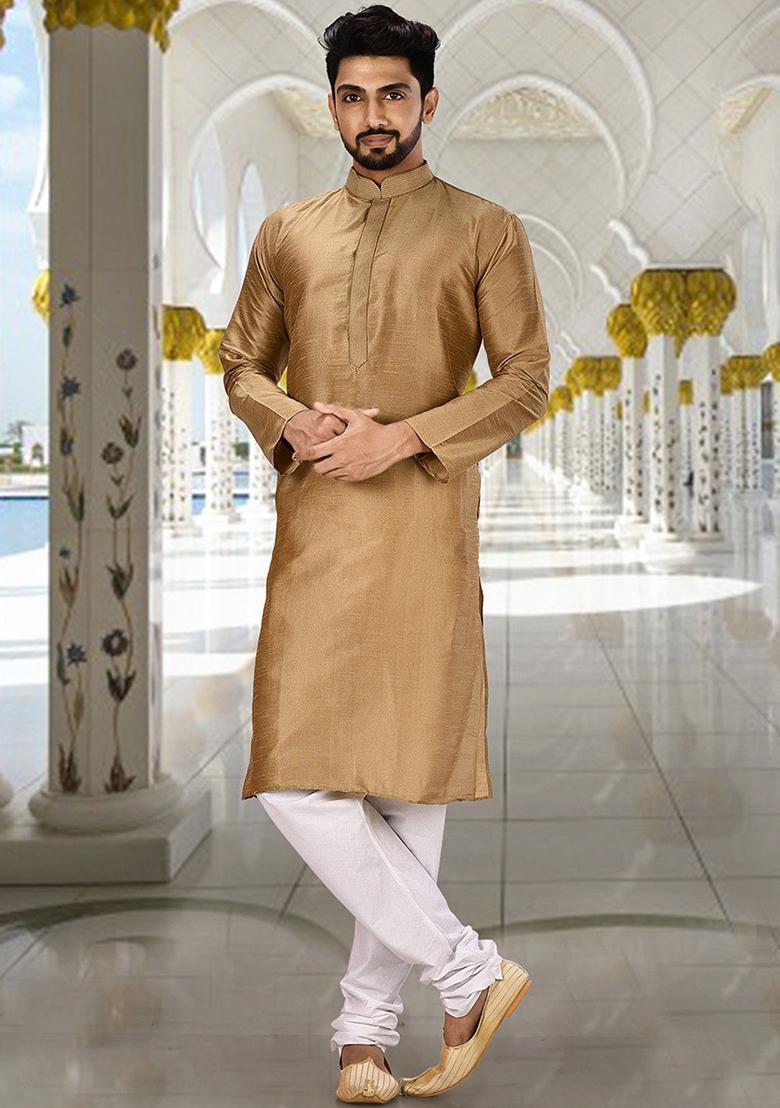 Golden Embroidered Silk Kurta For Men - Indya