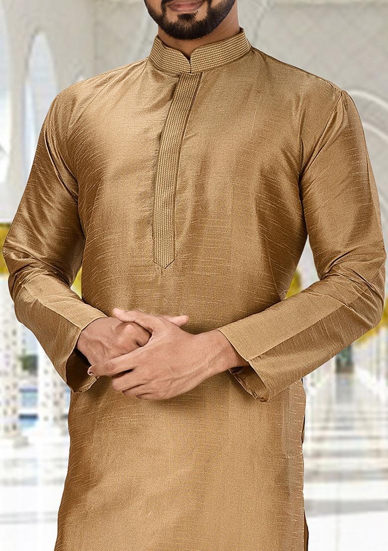 Golden Embroidered Silk Kurta For Men - Indya