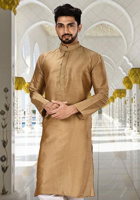 Golden Embroidered Silk Kurta For Men