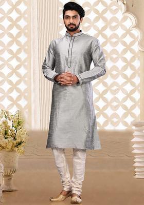 Grey Embroidered Silk Kurta For Men