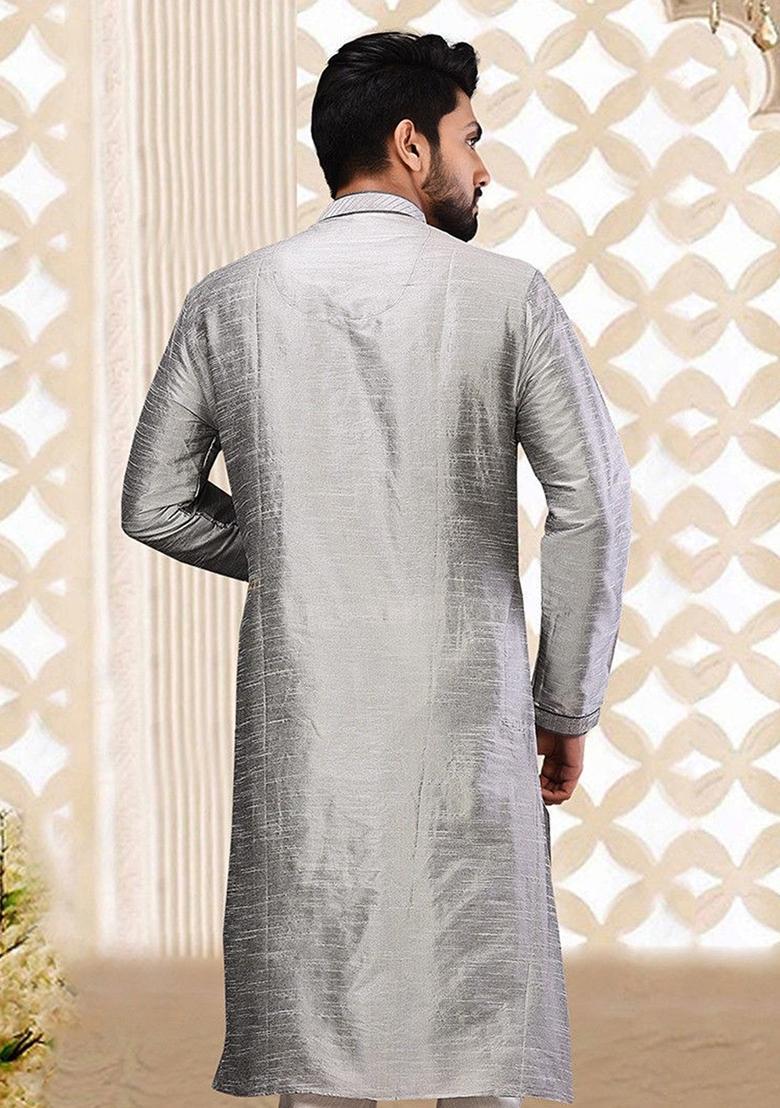 Grey Embroidered Silk Kurta For Men - Indya