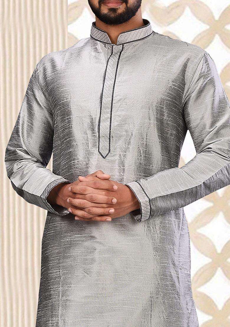 Grey Embroidered Silk Kurta For Men - Indya