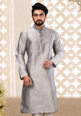 Grey Embroidered Silk Kurta For Men