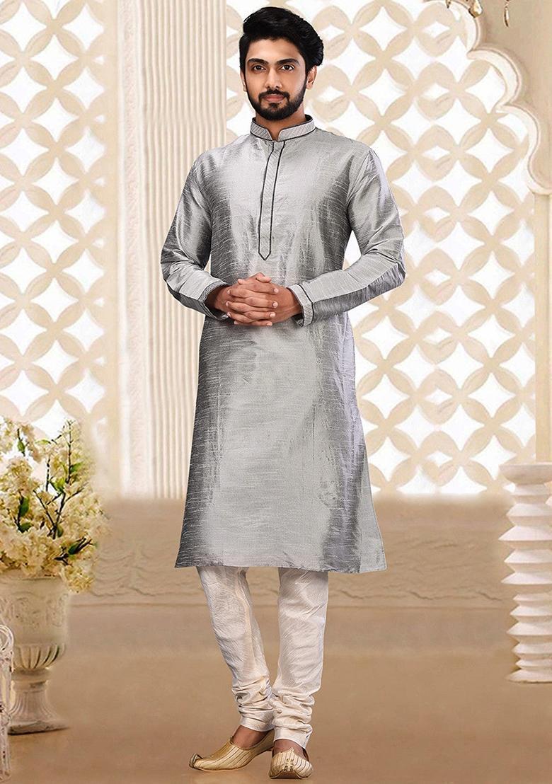 Grey Embroidered Silk Kurta For Men - Indya
