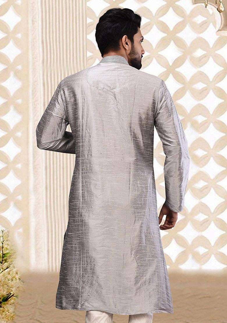 Grey Embroidered Silk Kurta For Men - Indya