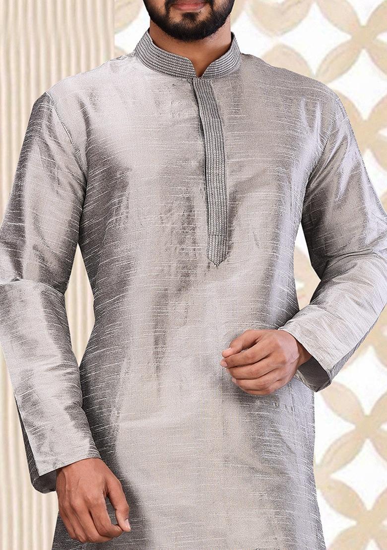 Grey Embroidered Silk Kurta For Men - Indya