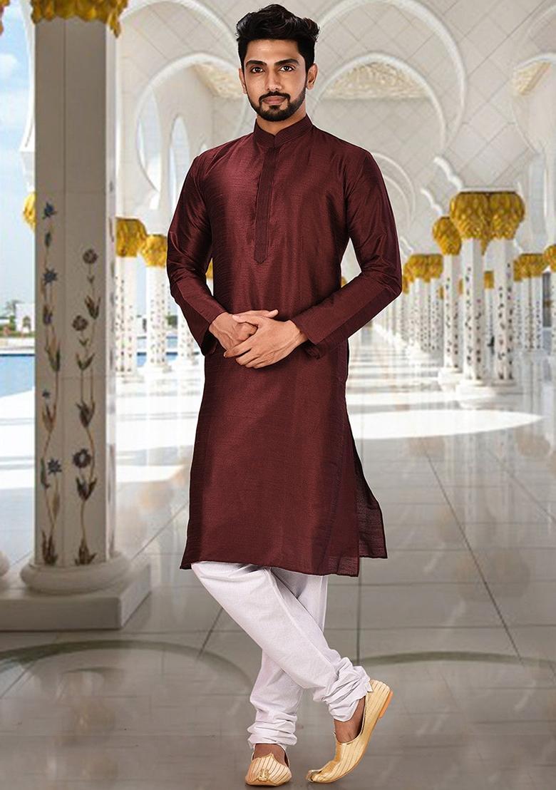 Maroon Embroidered Silk Kurta For Men - Indya