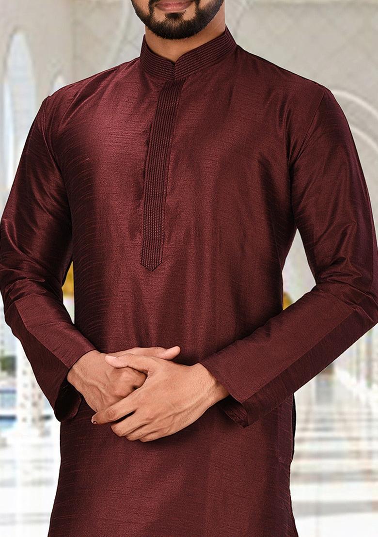 Maroon Embroidered Silk Kurta For Men - Indya