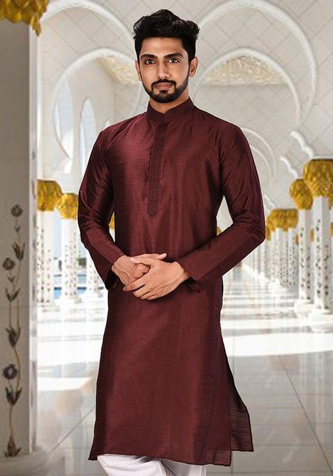 Maroon Embroidered Silk Kurta For Men