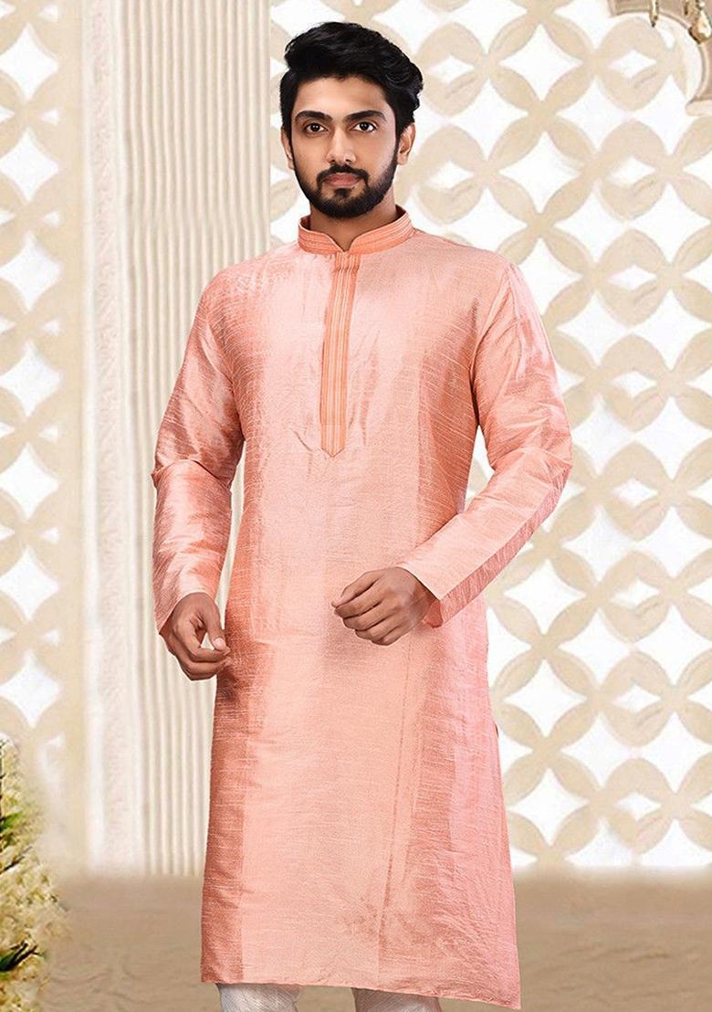 Pink Embroidered Silk Kurta For Men - Indya
