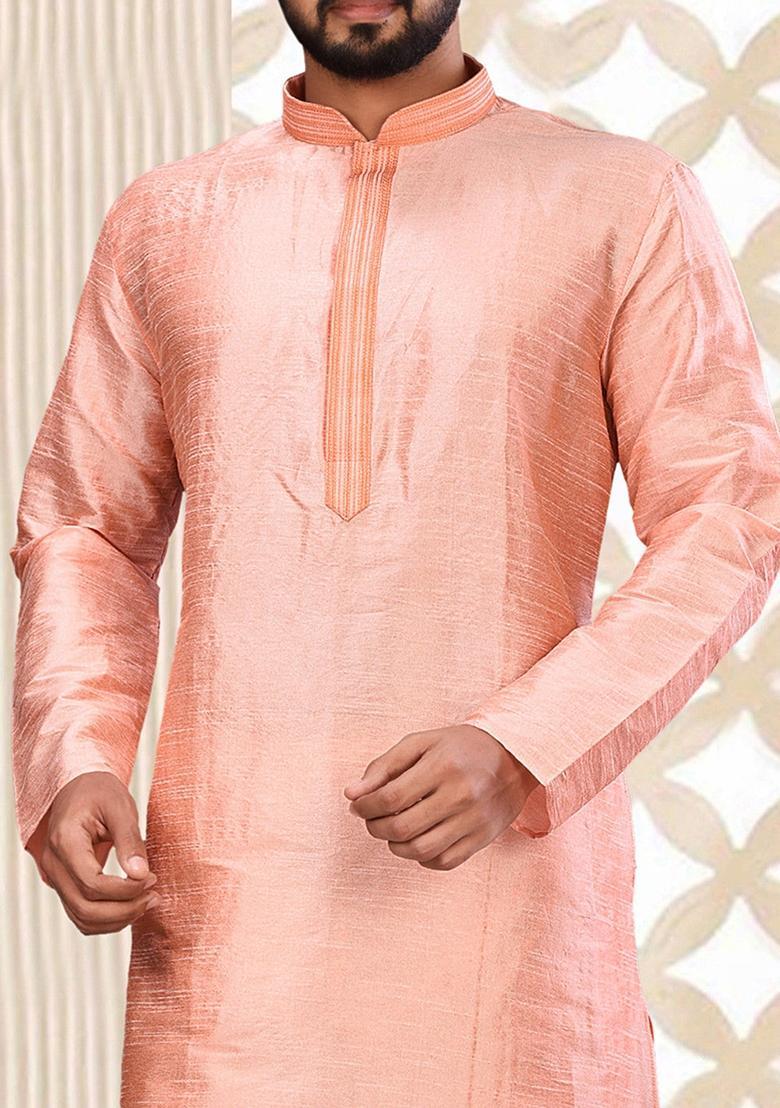 Pink Embroidered Silk Kurta For Men - Indya