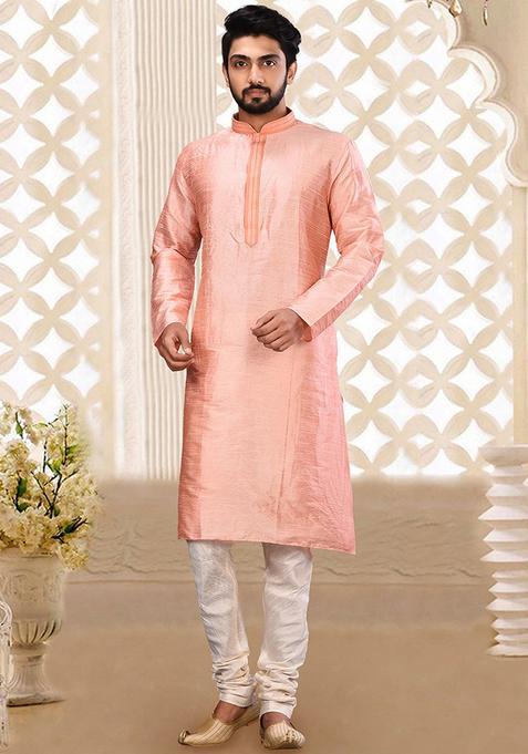 Pink Embroidered Silk Kurta For Men