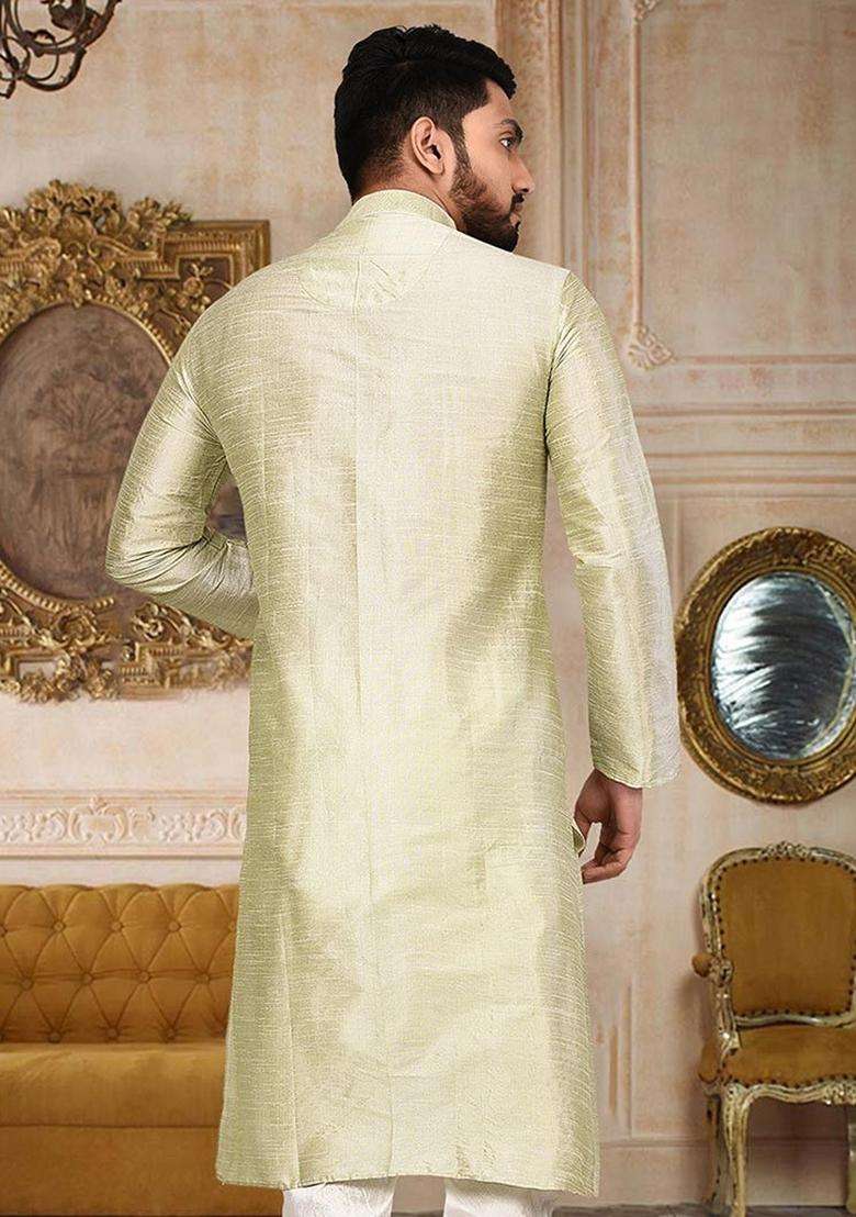 Sea Green Embroidered Silk Kurta For Men - Indya