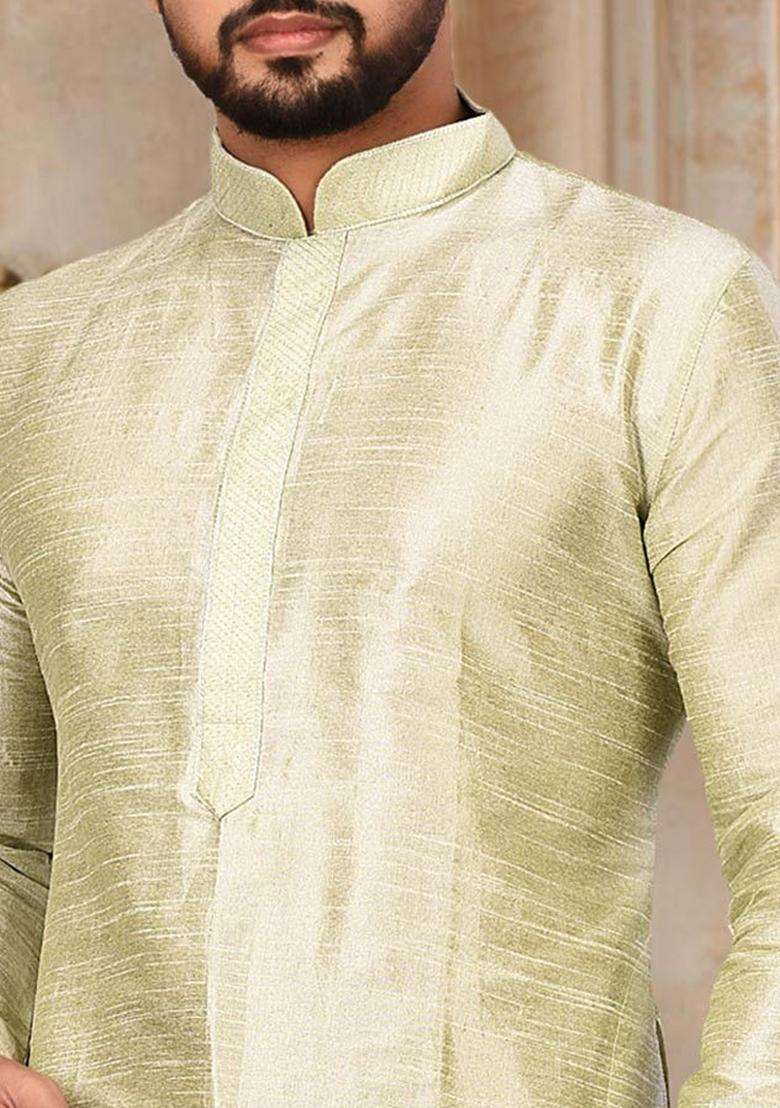 Sea Green Embroidered Silk Kurta For Men - Indya